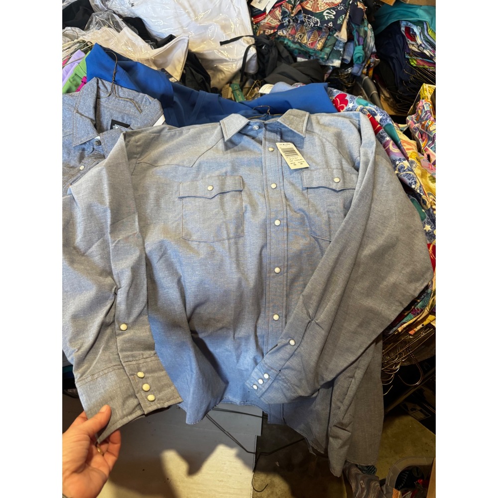 Saddle King Western Pearl Snap Shirt Mens 4XL Blue Chambray Made in USA Vintage